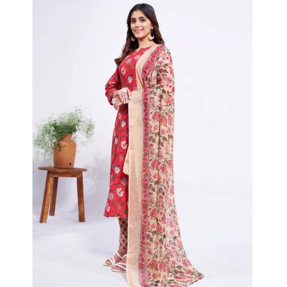 Women's Cotton Blend Printed Kurti With Pant Dupatta Set (Red)