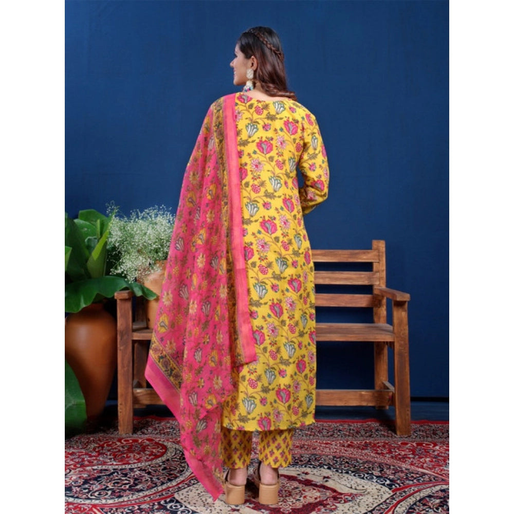 Women's Cotton Blend Printed Kurti With Pant Dupatta Set (Yellow)