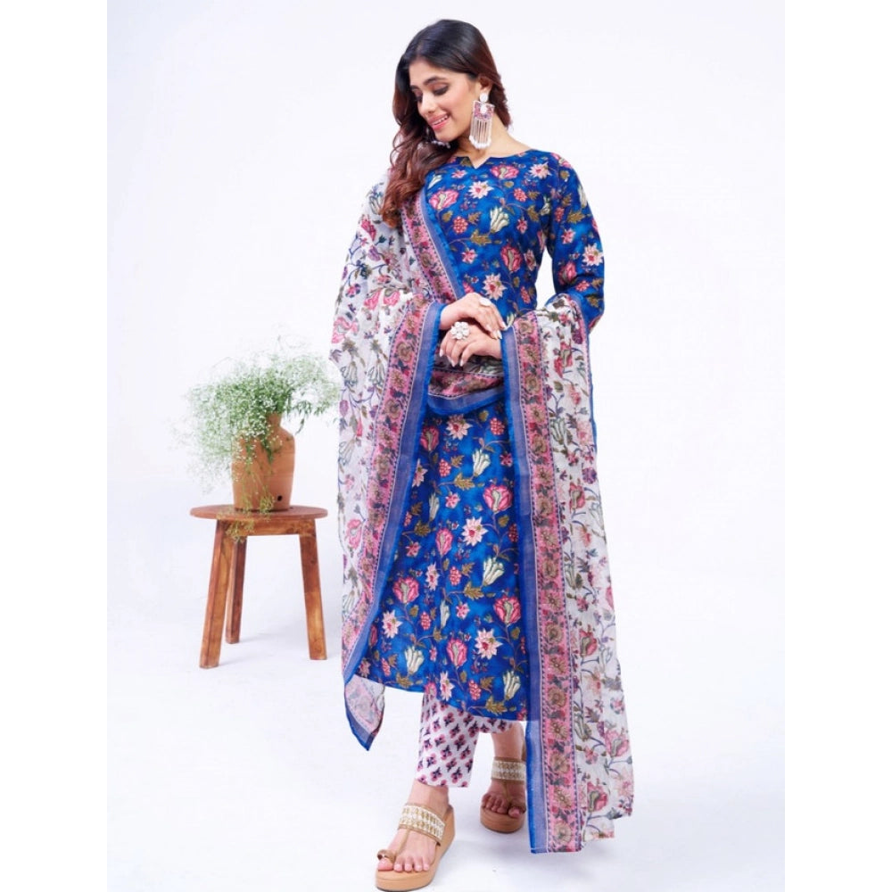Women's Cotton Blend Printed Kurti With Pant Dupatta Set (Blue)