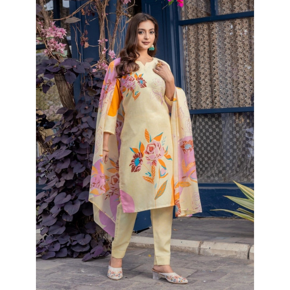 Women's Cotton Blend Printed Kurti With Pant Dupatta Set (Cream)
