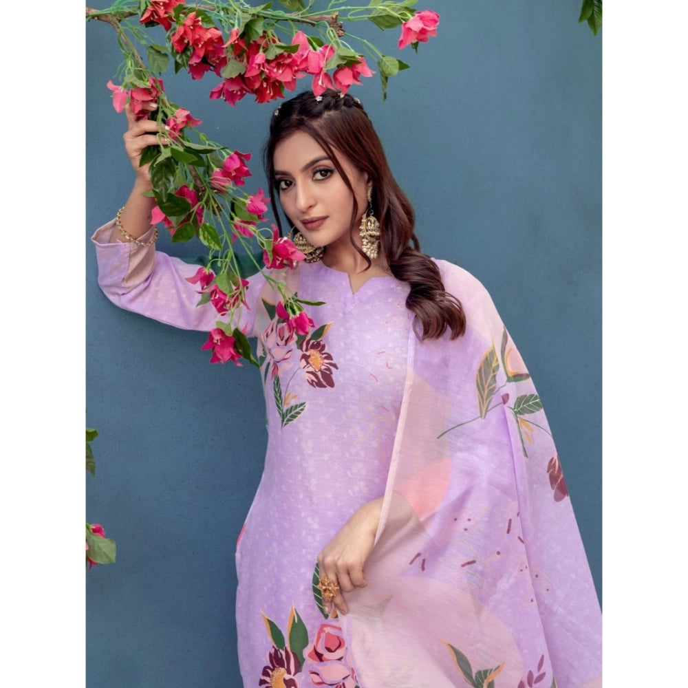 Women's Cotton Blend Printed Kurti With Pant Dupatta Set (Lavender)