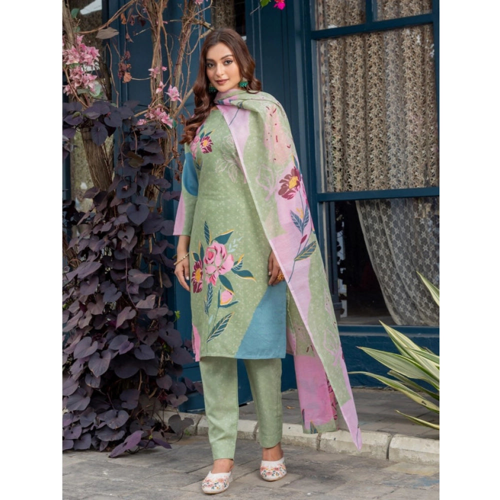 Women's Cotton Blend Printed Kurti With Pant Dupatta Set (Mehendi)