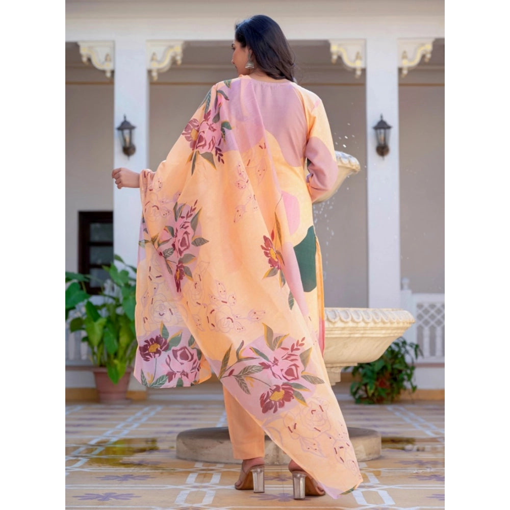 Women's Cotton Blend Printed Kurti With Pant Dupatta Set (Orange)