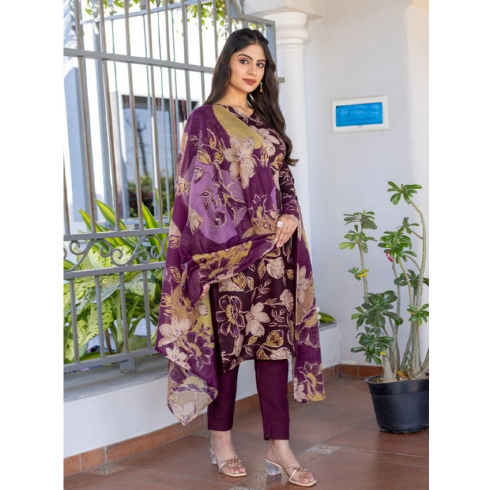 Women's Cotton Blend Printed Kurti With Pant Dupatta Set (Purple)
