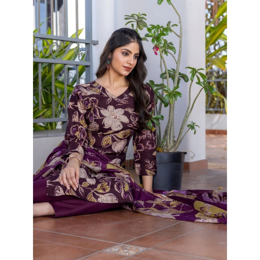 Women's Cotton Blend Printed Kurti With Pant Dupatta Set (Purple)