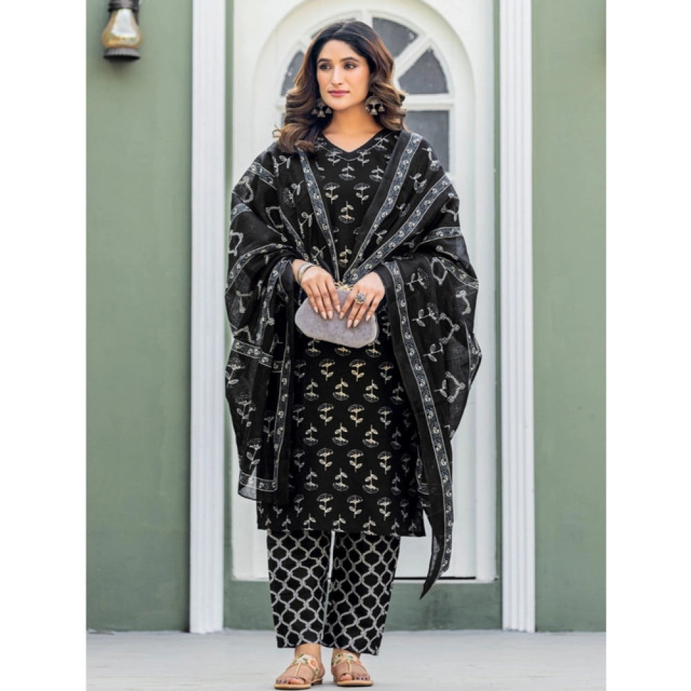Women's Cotton Blend Printed Kurti With Pant Dupatta Set (Black)