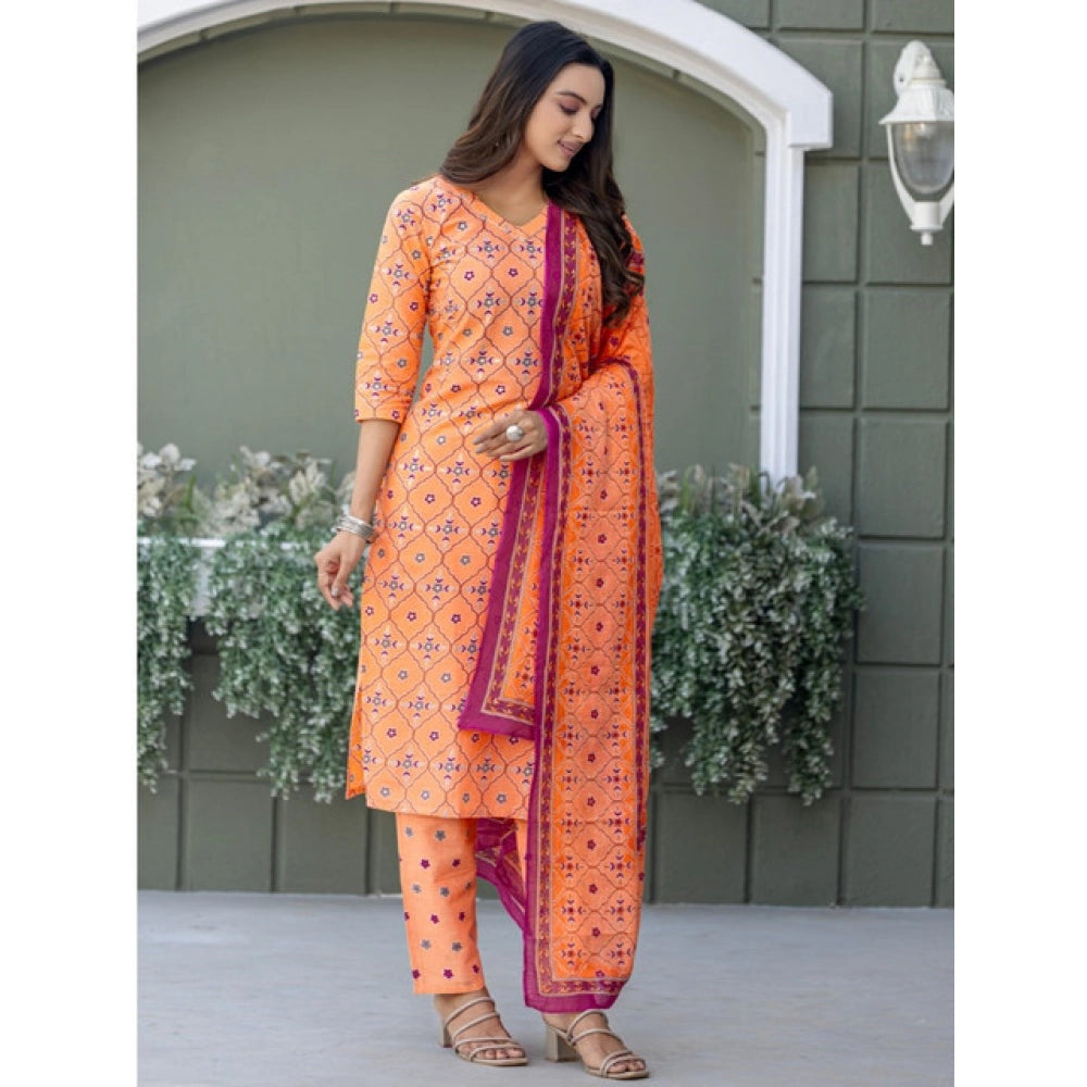 Women's Cotton Blend Printed Kurti With Pant Dupatta Set (Coral)