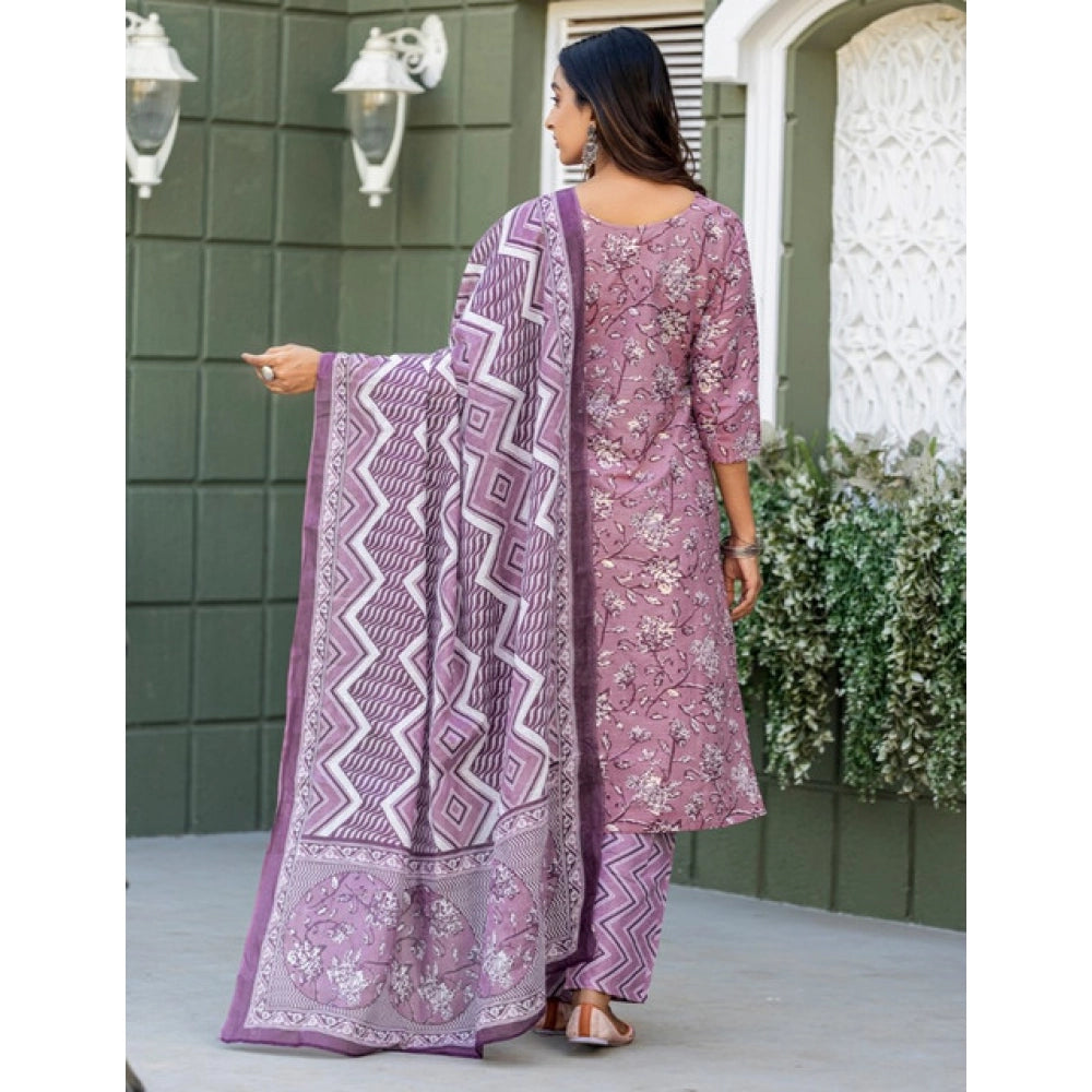 Women's Cotton Blend Printed Kurti With Pant Dupatta Set (Lavender)