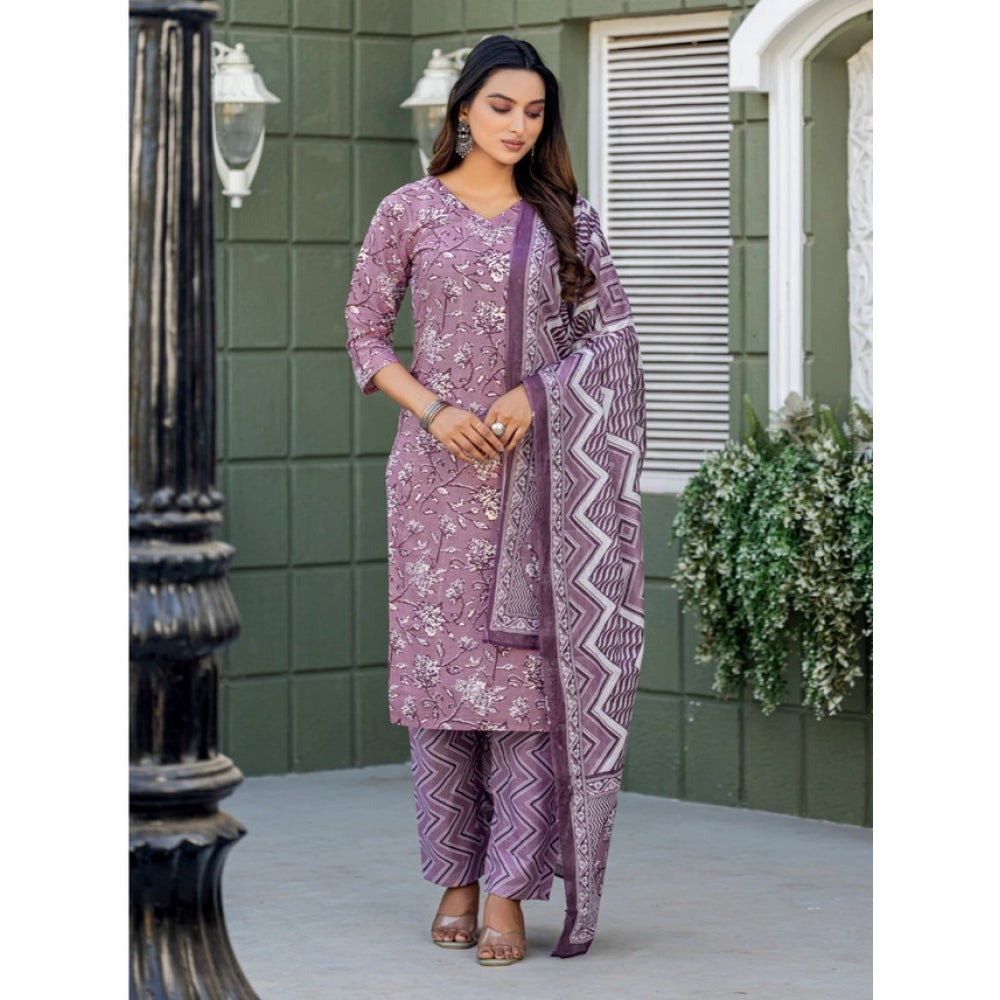 Women's Cotton Blend Printed Kurti With Pant Dupatta Set (Lavender)