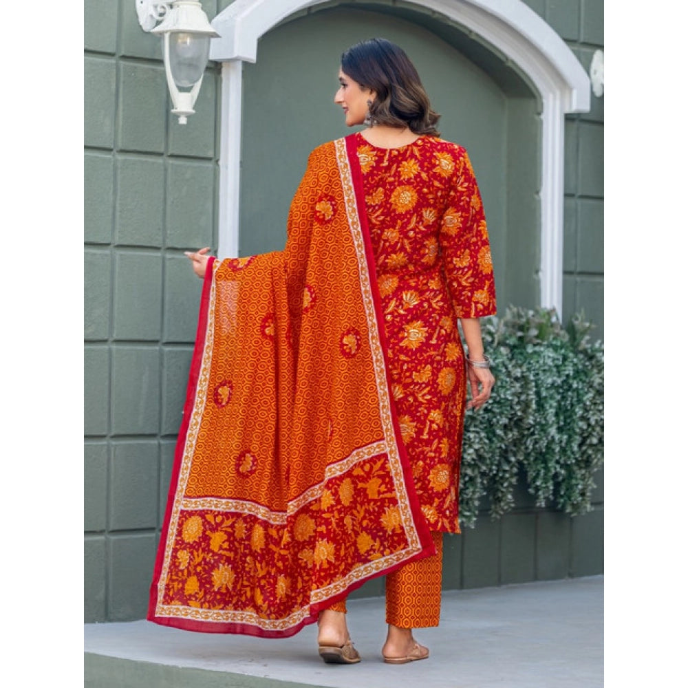 Women's Cotton Blend Printed Kurti With Pant Dupatta Set (Maroon)