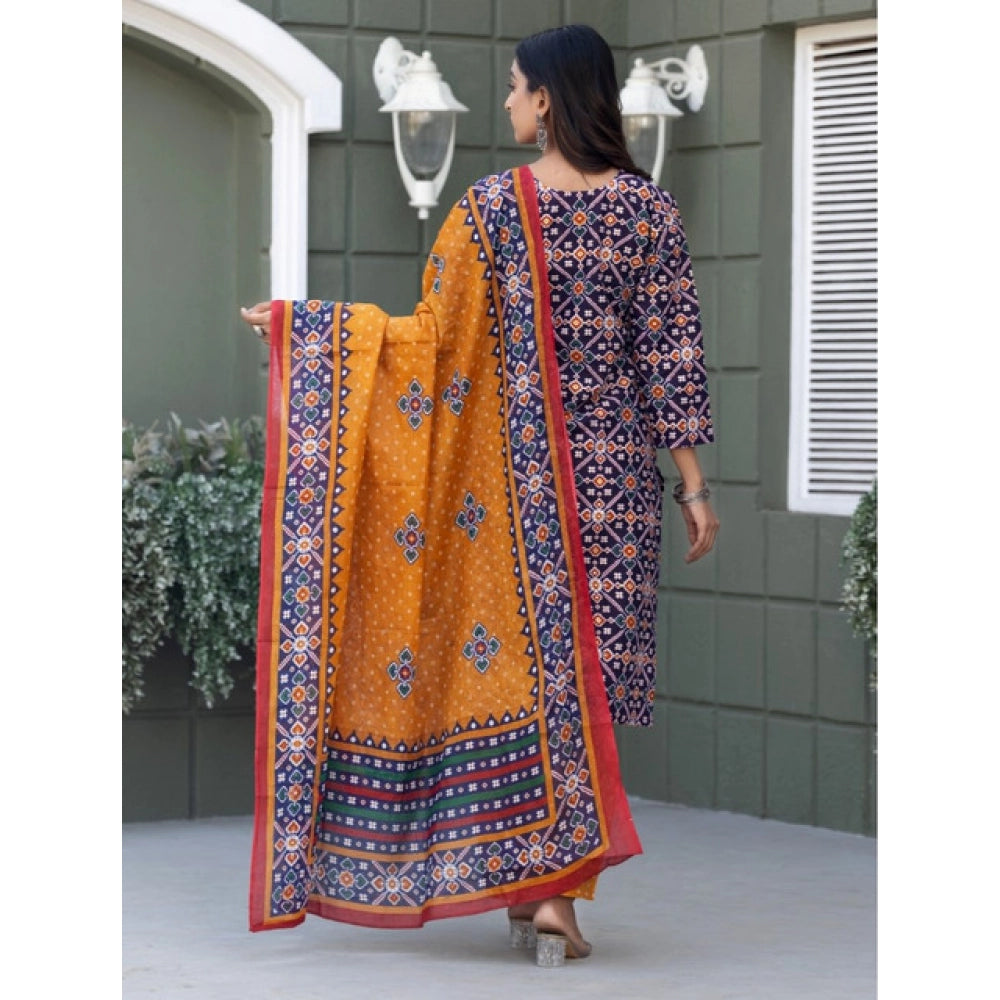 Women's Cotton Blend Printed Kurti With Pant Dupatta Set (Navy Blue)