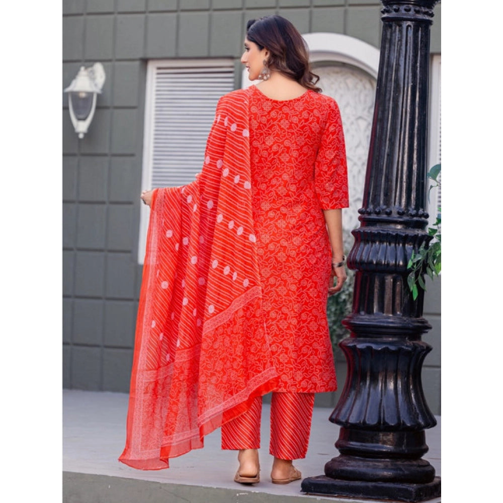 Women's Cotton Blend Printed Kurti With Pant Dupatta Set (Orange)