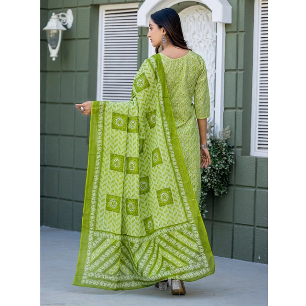 Women's Cotton Blend Printed Kurti With Pant Dupatta Set (Parrot)