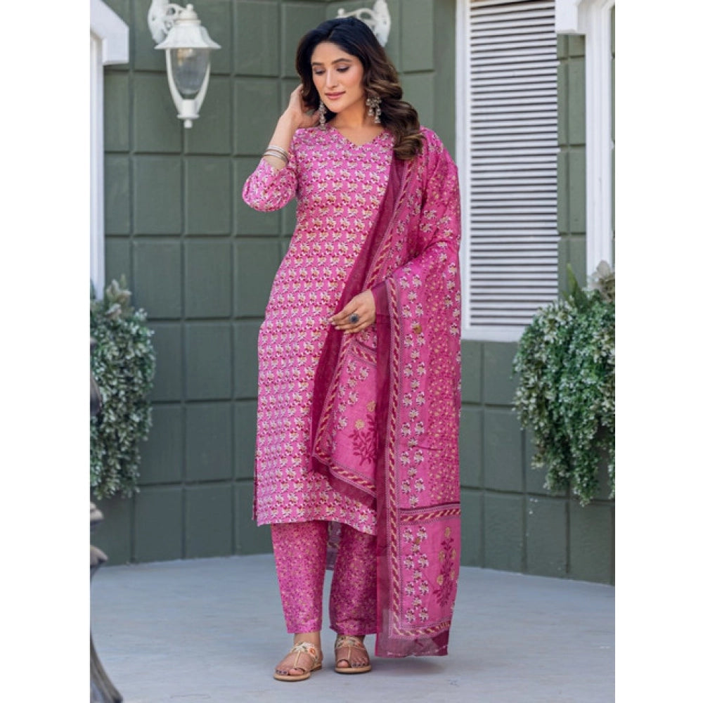 Women's Cotton Blend Printed Kurti With Pant Dupatta Set (Pink)
