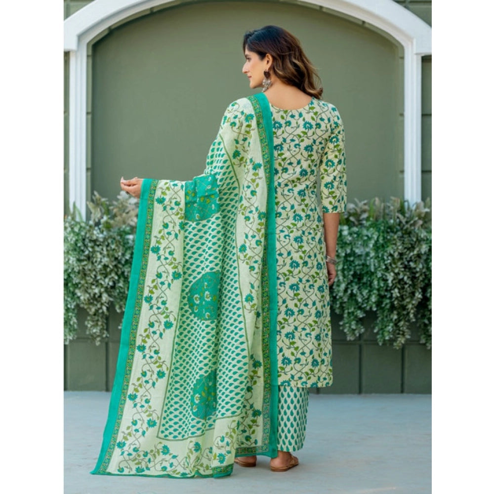 Women's Cotton Blend Printed Kurti With Pant Dupatta Set (Pista)