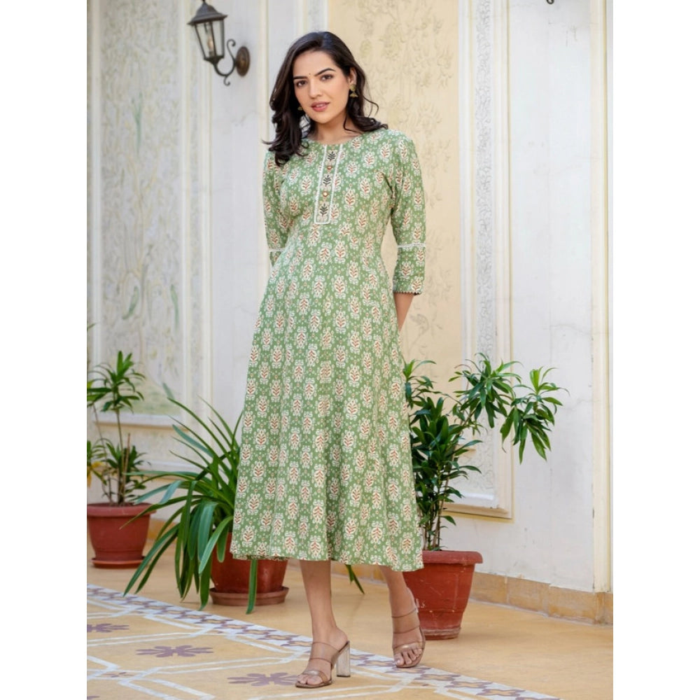 Women's Rayon  Print With Embroidery Work A-Line Kurti (Green)