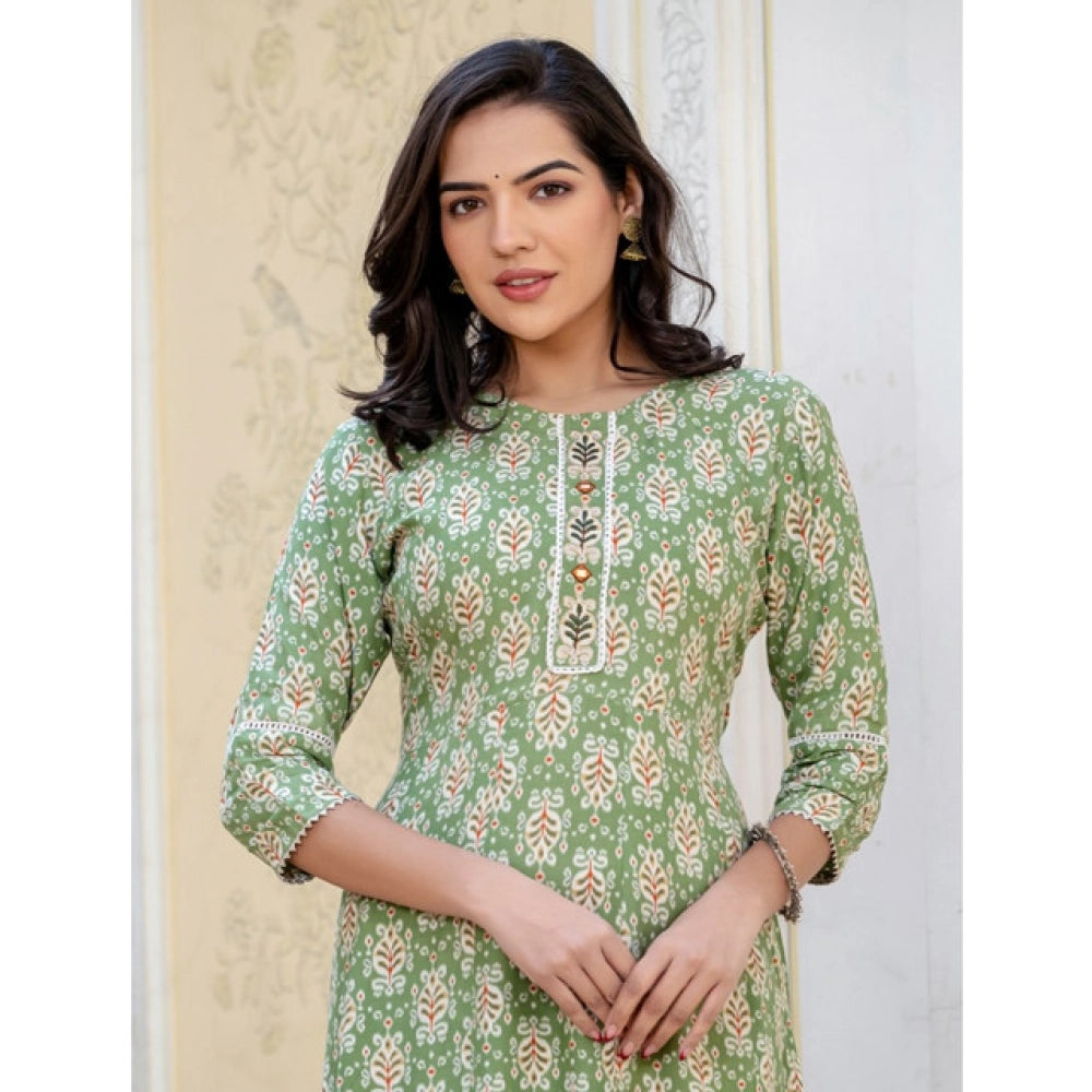 Women's Rayon  Print With Embroidery Work A-Line Kurti (Green)
