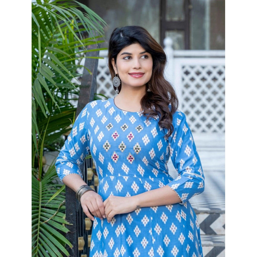 Women's Rayon Print With Embroidery Work A-Line Kurti (Sky Blue)