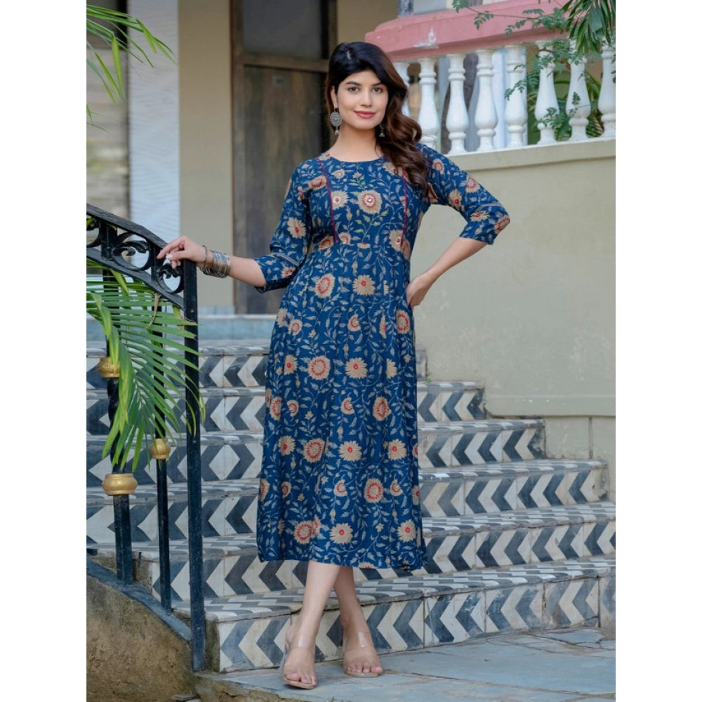 Women's Rayon Print With Embroidery Work A-Line Kurti (Navy Blue)
