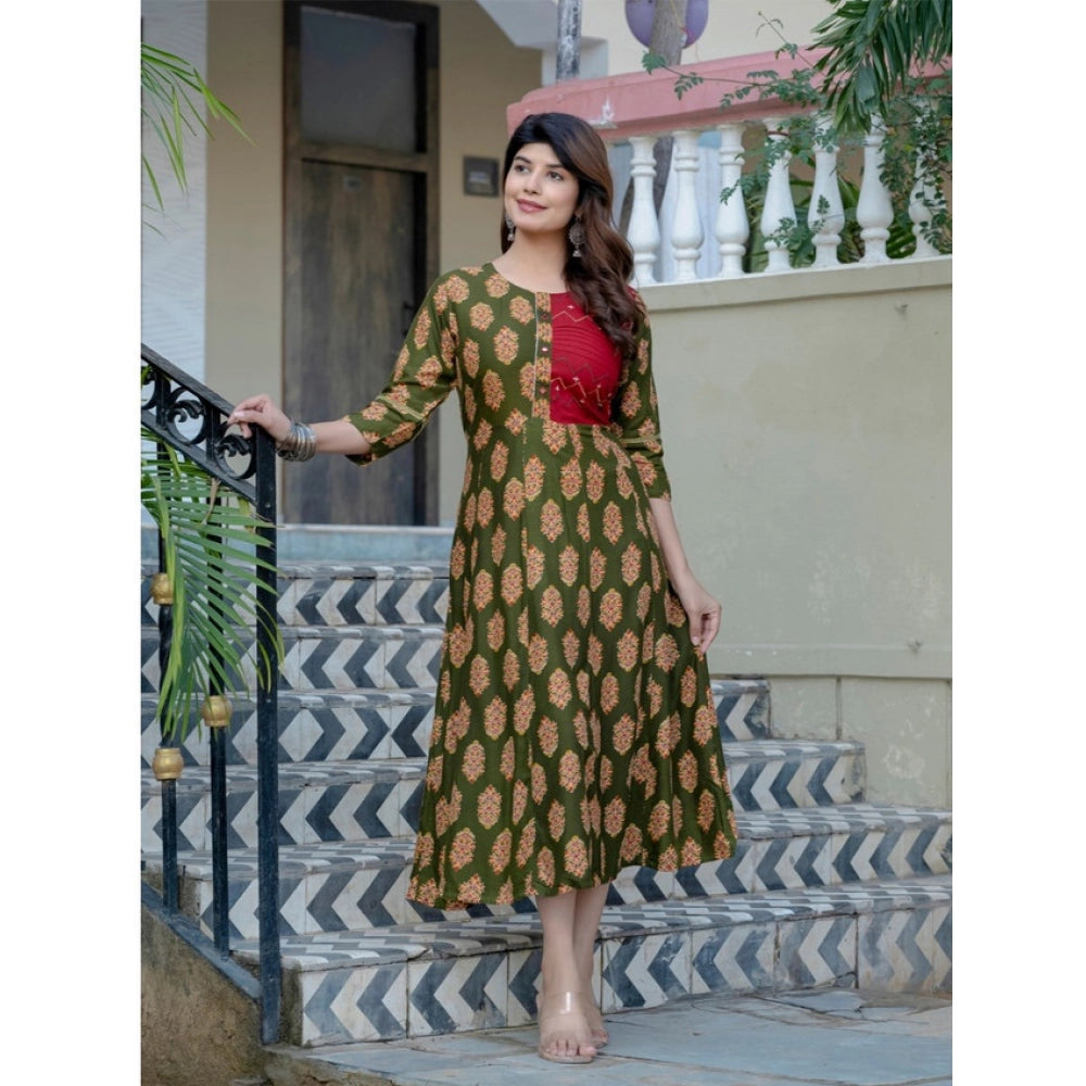 Women's Rayon Print With Embroidery Work A-Line Kurti (Dark Green)