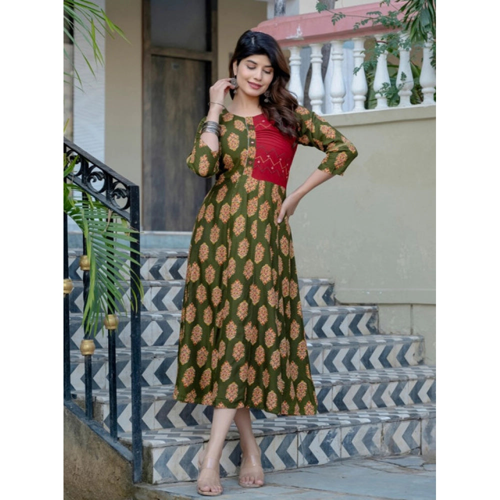 Women's Rayon Print With Embroidery Work A-Line Kurti (Dark Green)