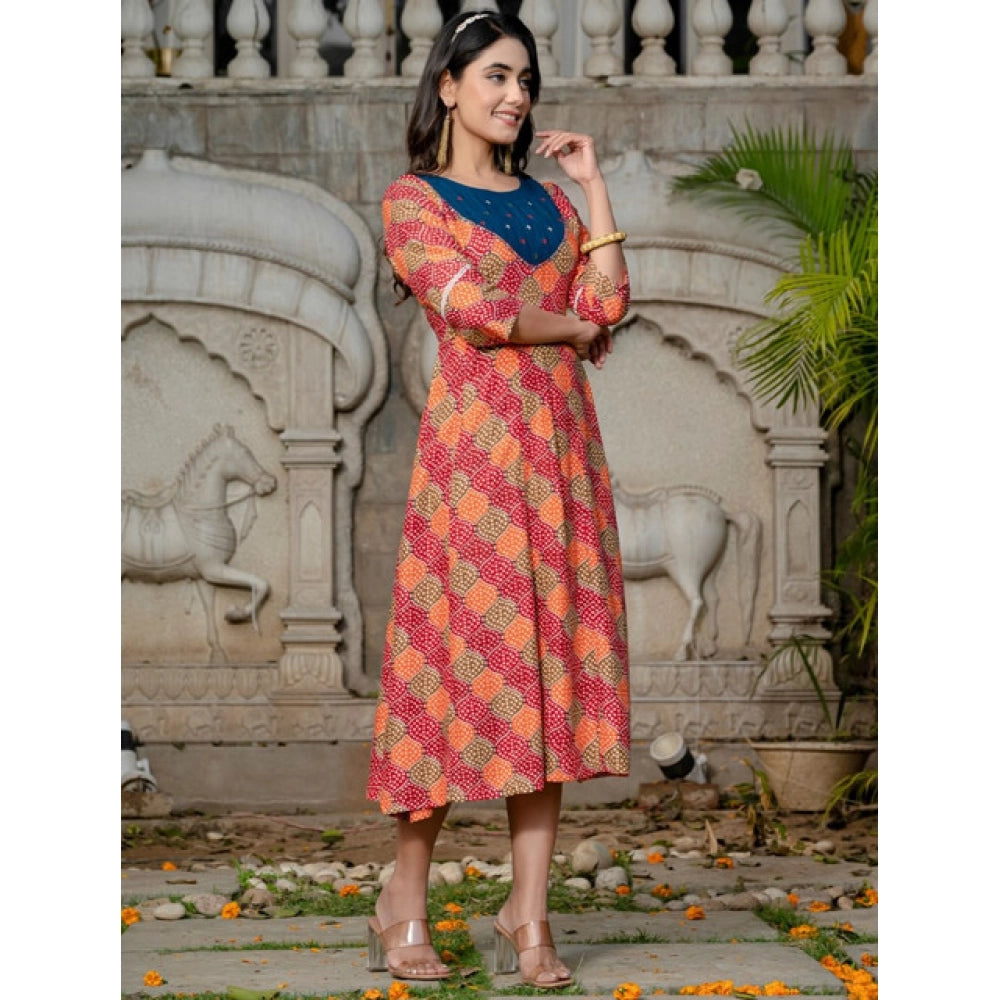 Women's Rayon Print With Embroidery Work A-Line Kurti (Multicolor)