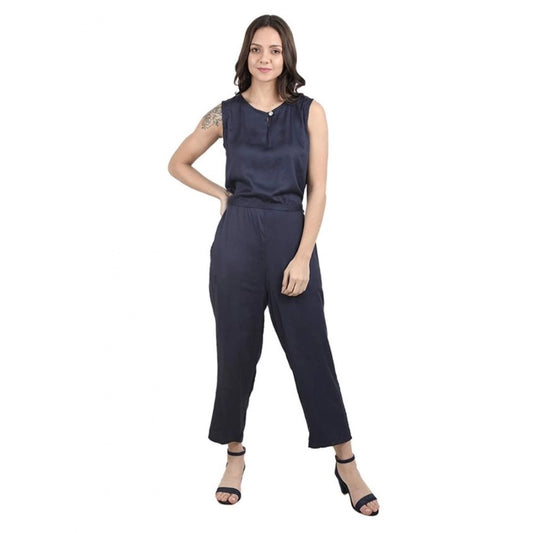 Women's Casual Crepe Sleeveless Jump Suit (Navy Blue)