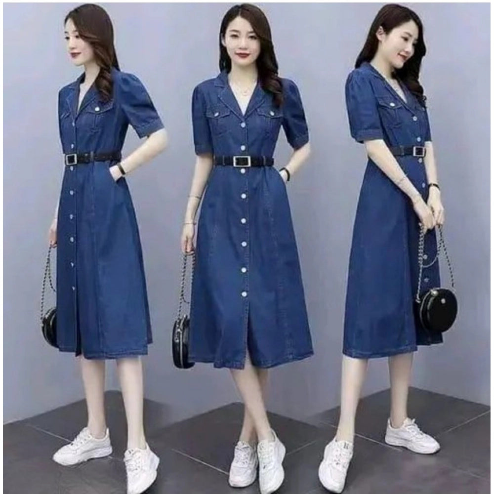 Women's Casual Denim Half Sleeves Dress (Blue)