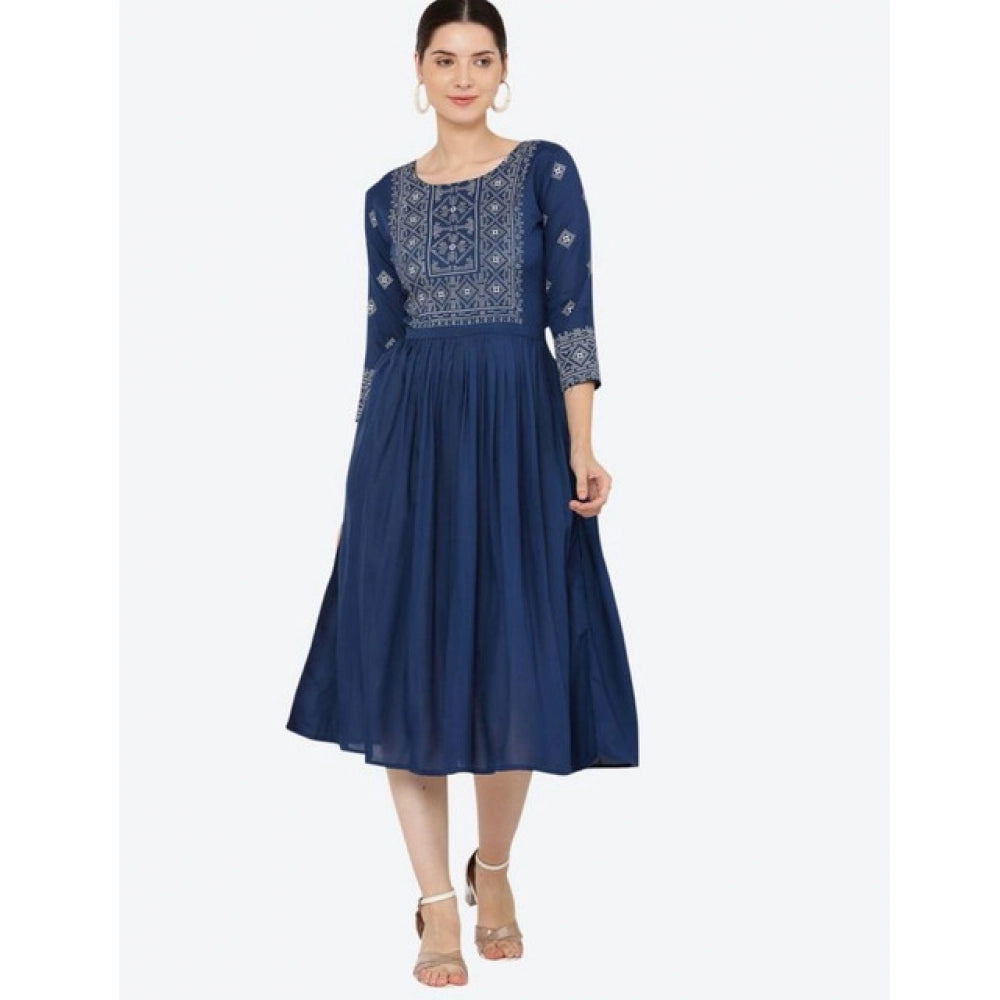 Women's Casual Rayon 3-4th Sleeves Kurti (Blue)