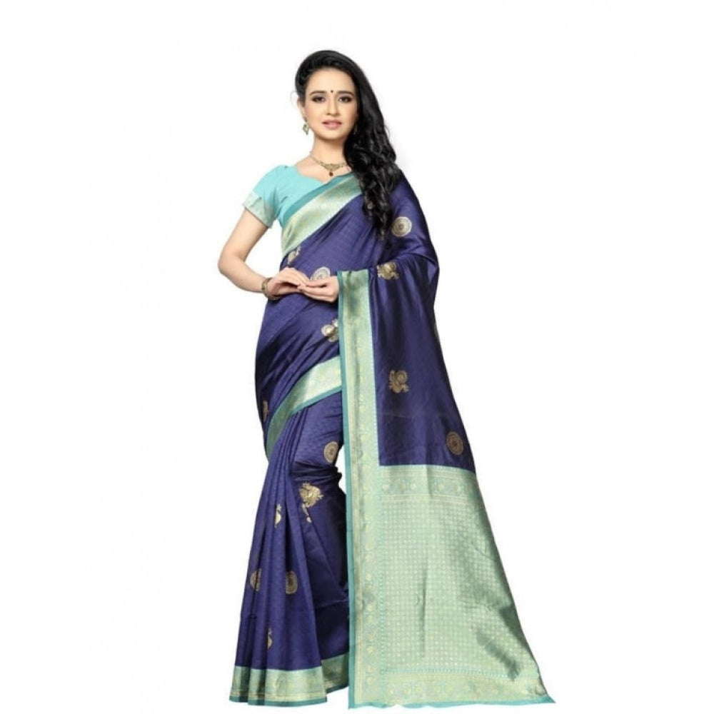 Women's Soft Lichi Silk Printed Saree With Unstitched Blouse 5.5Mtr (Navy Blue)