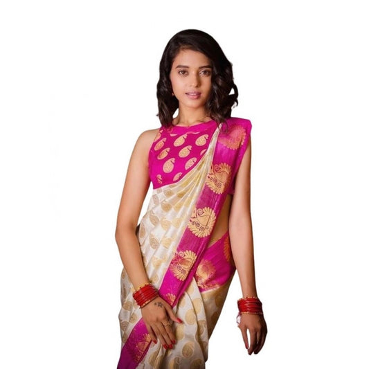 Women's Soft Lichi Silk Printed Saree With Unstitched Blouse 5.5Mtr (White)