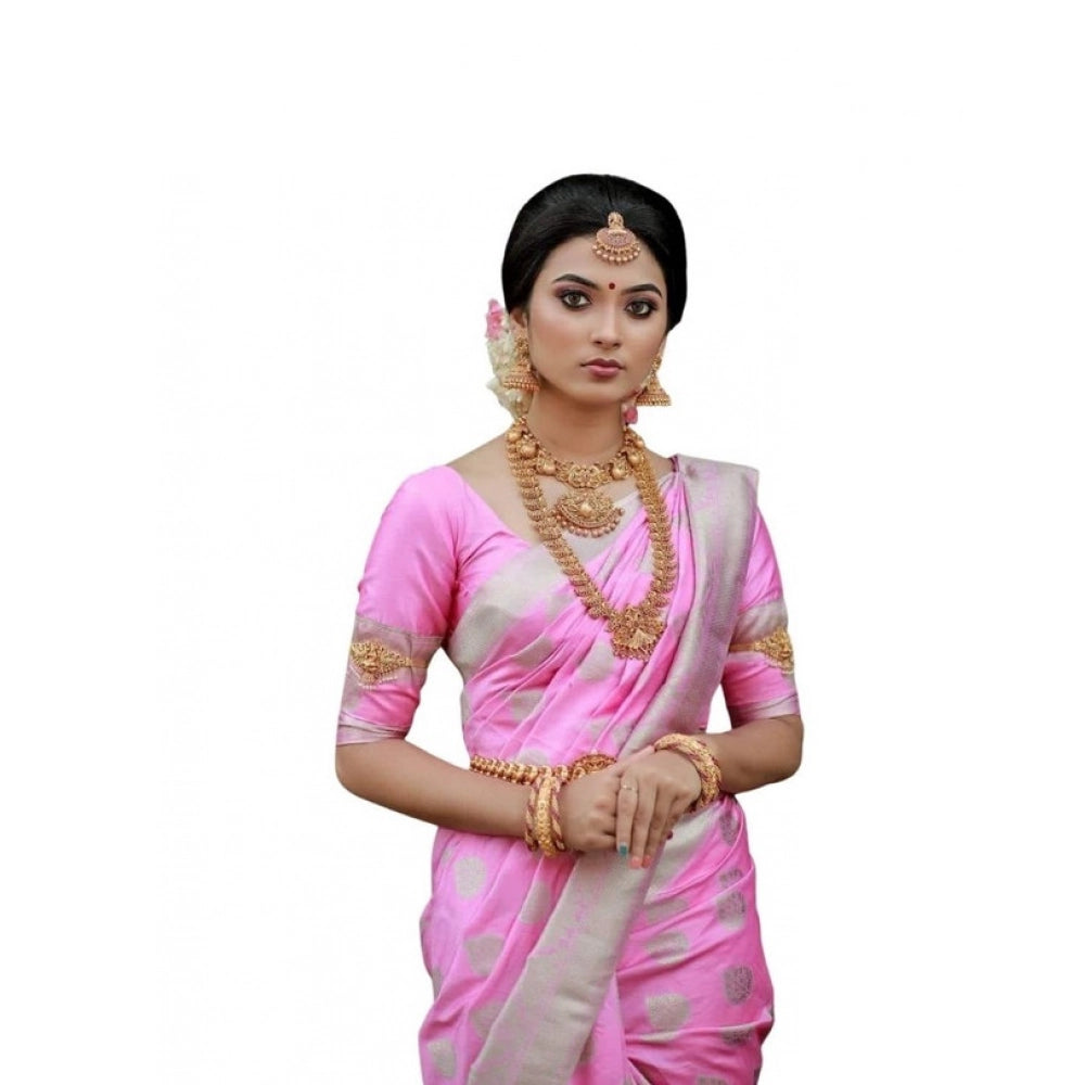 Women's Soft Lichi Silk Printed Saree With Unstitched Blouse 5.5Mtr (Pink)