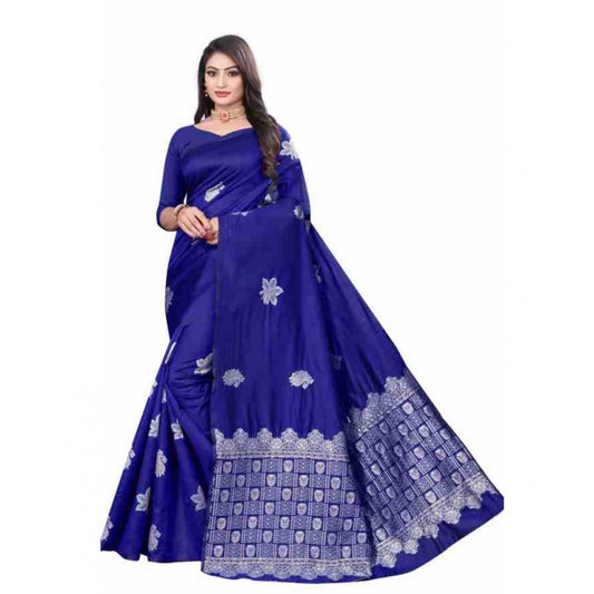 Women's Soft Lichi Silk Printed Saree With Unstitched Blouse 5.5Mtr (Blue)