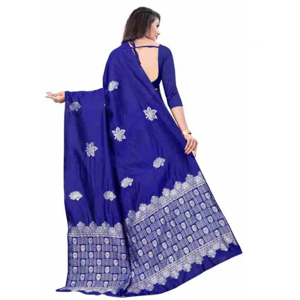 Women's Soft Lichi Silk Printed Saree With Unstitched Blouse 5.5Mtr (Blue)