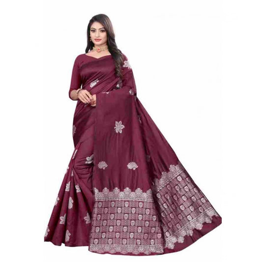 Women's Soft Lichi Silk Printed Saree With Unstitched Blouse 5.5Mtr (Wine)