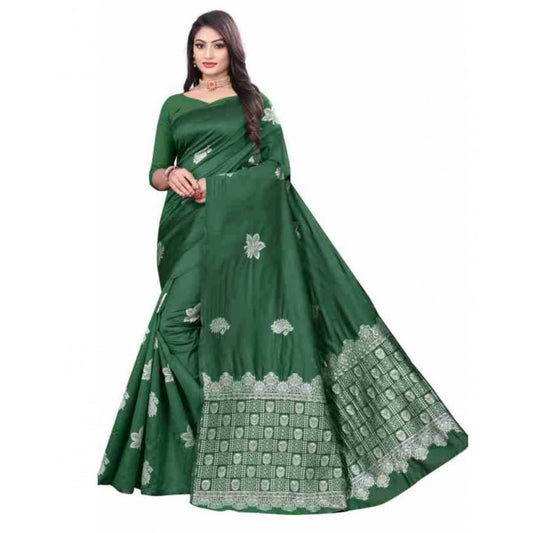 Women's Soft Lichi Silk Printed Saree With Unstitched Blouse 5.5Mtr (Green)