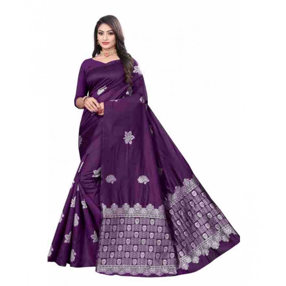 Women's Soft Lichi Silk Printed Saree With Unstitched Blouse 5.5Mtr (Purple)