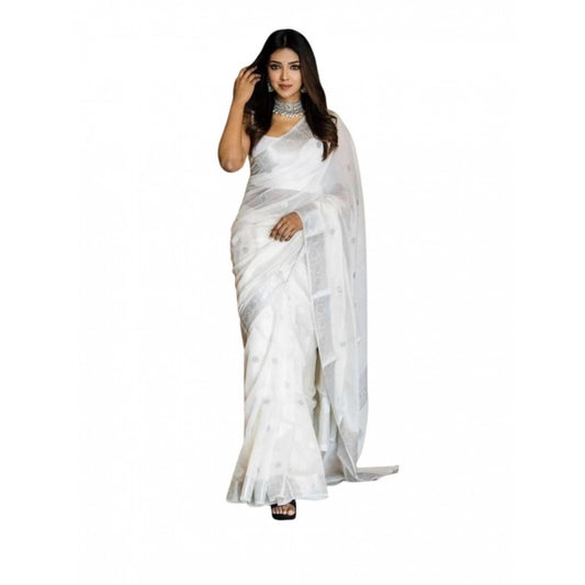 Women's Soft Lichi Silk Printed Saree With Unstitched Blouse 5.5Mtr (White)