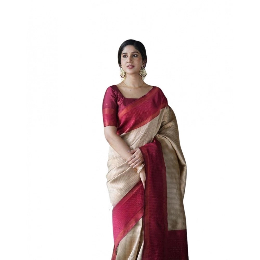 Women's Soft Lichi Silk Printed Saree With Unstitched Blouse 5.5Mtr (Cream)