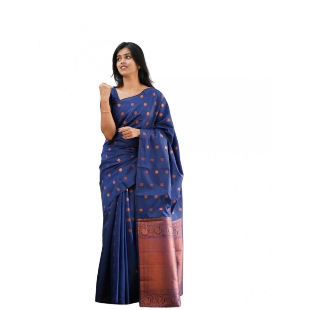 Women's Soft Lichi Silk Printed Saree With Unstitched Blouse 5.5Mtr (Blue)