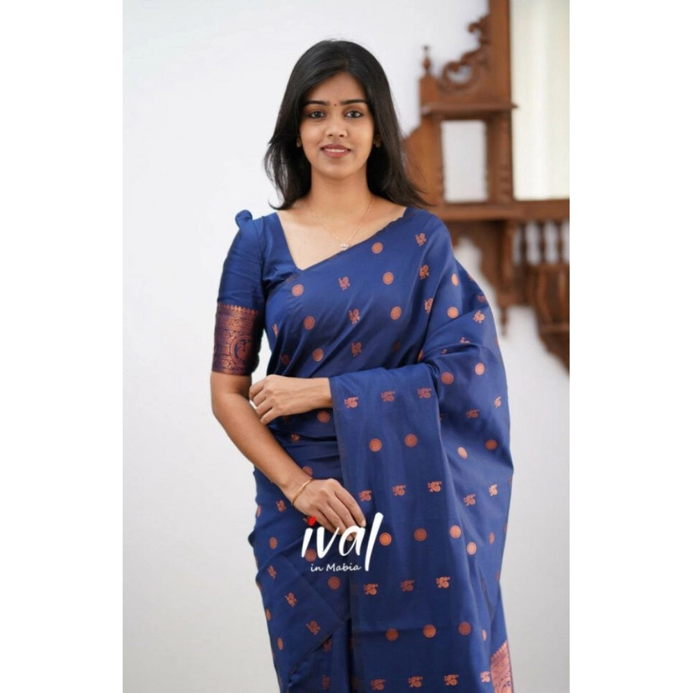 Women's Soft Lichi Silk Printed Saree With Unstitched Blouse 5.5Mtr (Blue)