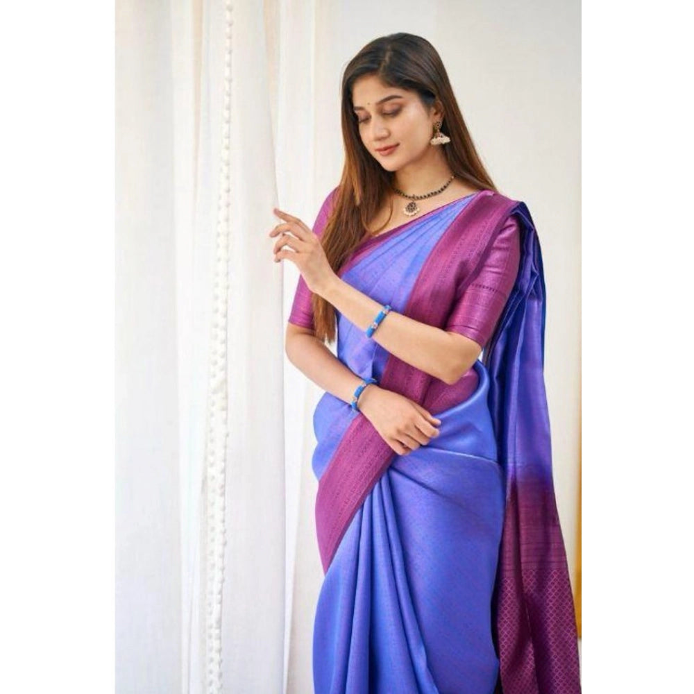 Women's Soft Lichi Silk Printed Saree With Unstitched Blouse 5.5Mtr (Blue)