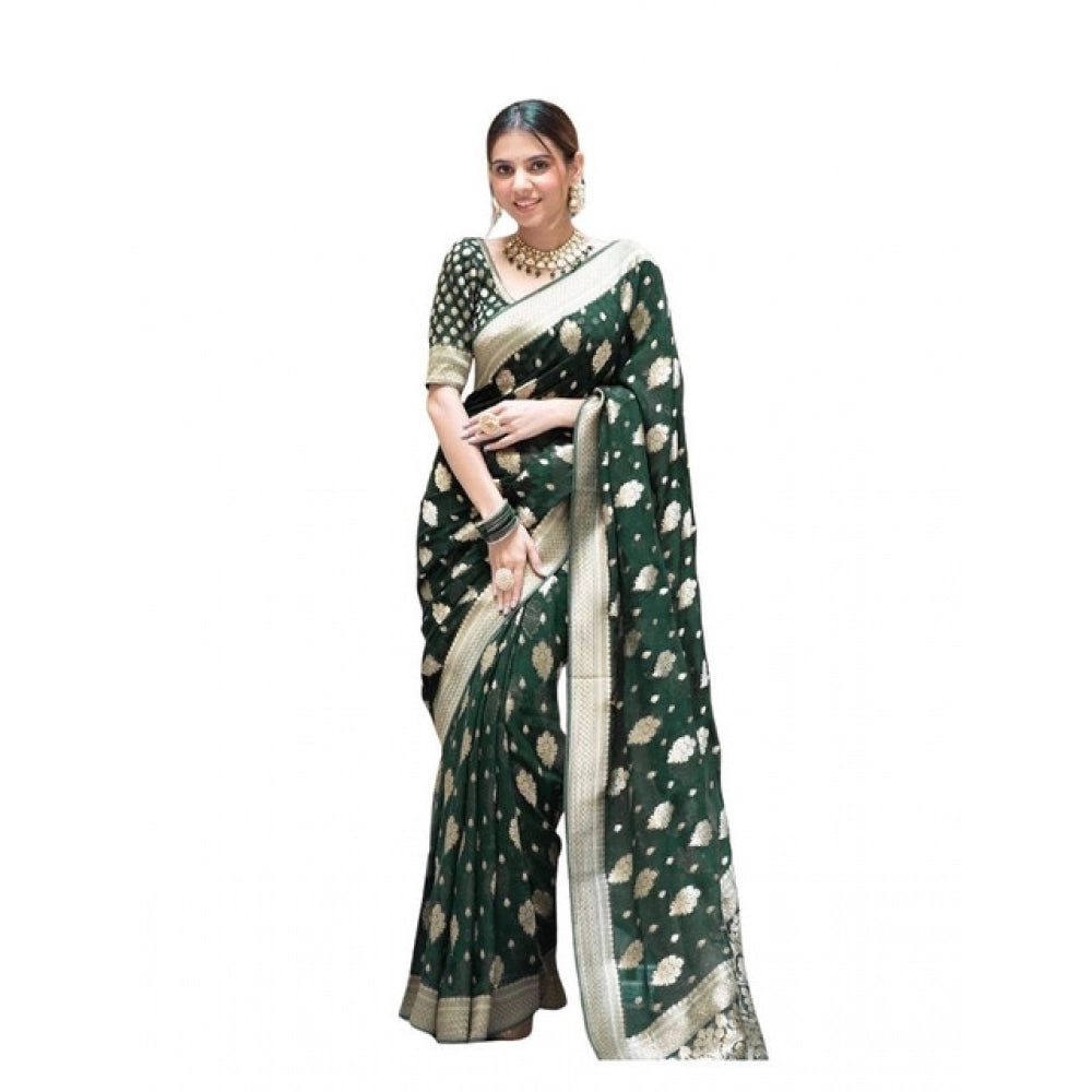 Women's Soft Lichi Silk Printed Saree With Unstitched Blouse 5.5Mtr (Green)