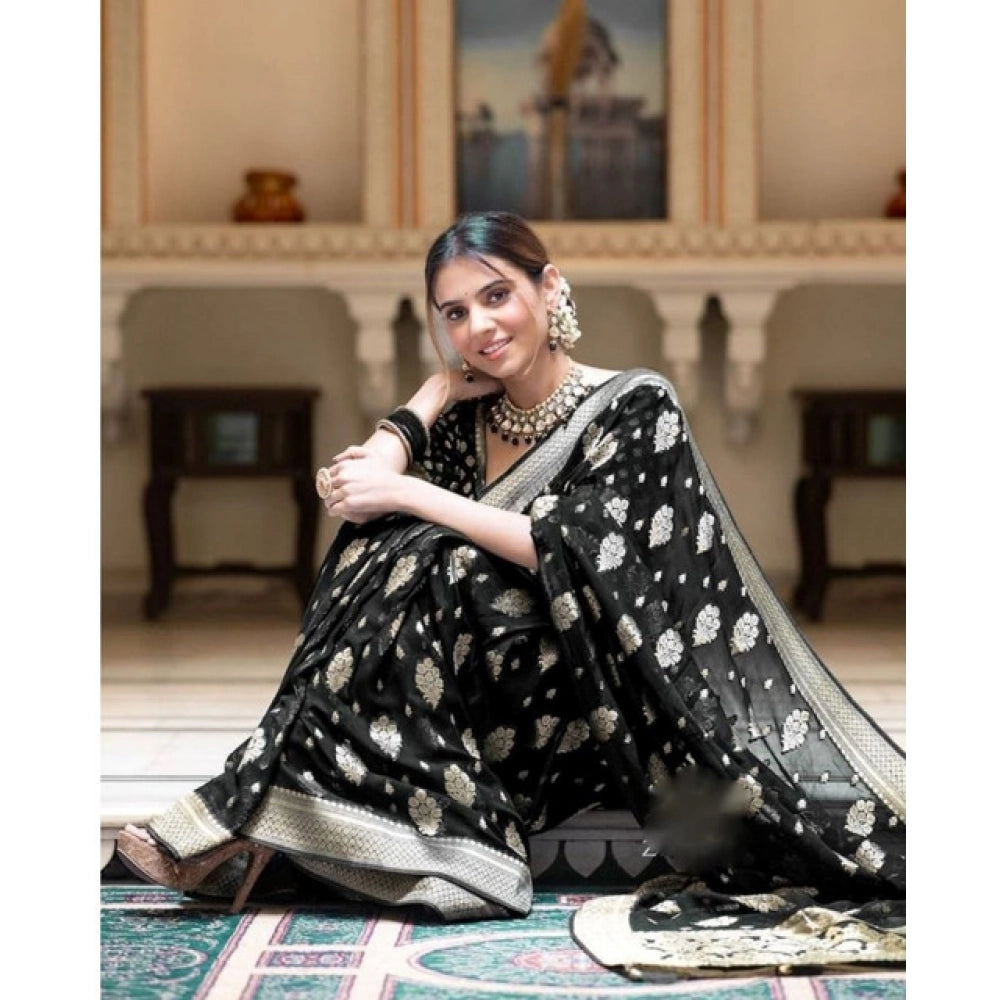 Women's Soft Lichi Silk Printed Saree With Unstitched Blouse 5.5Mtr (Black)