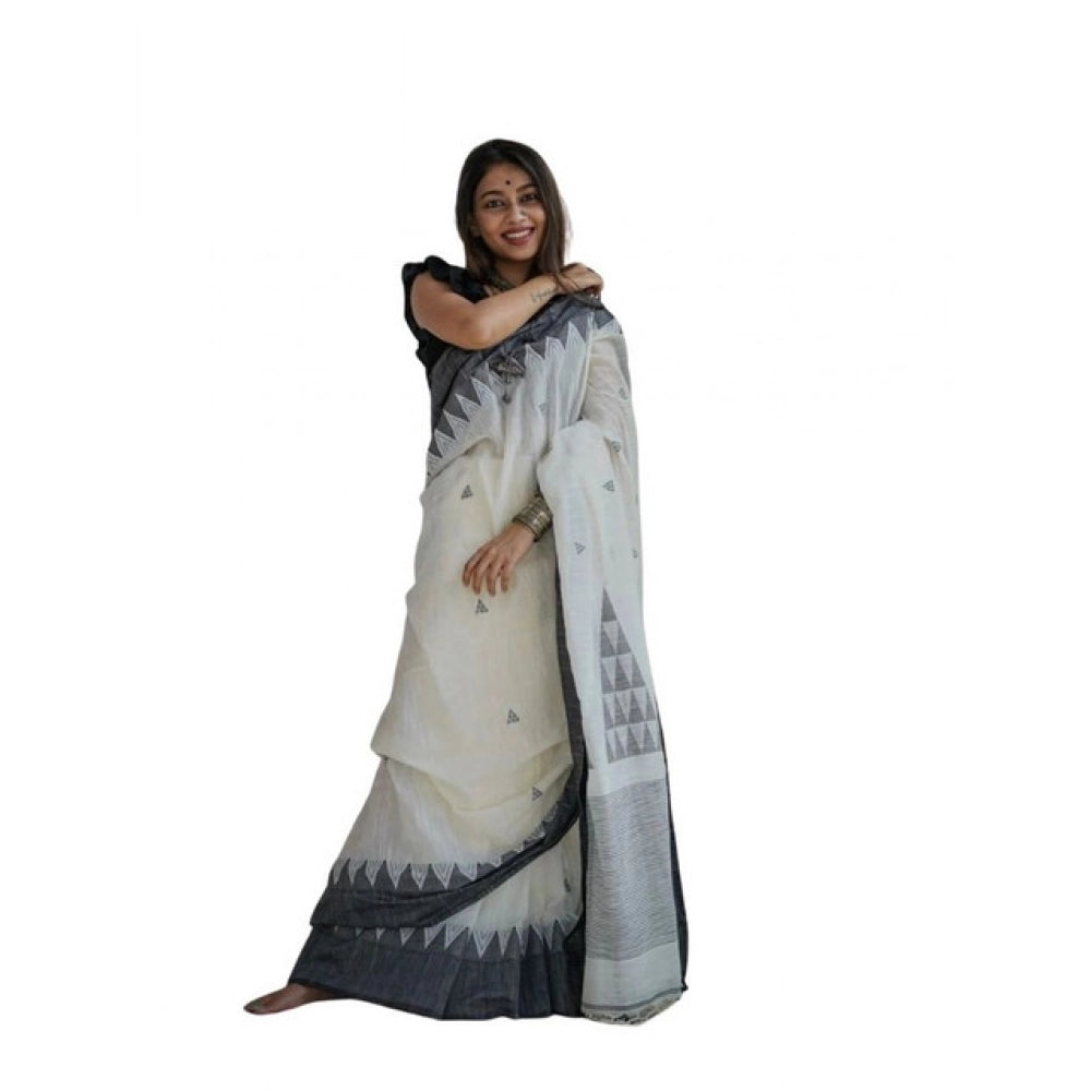 Women's Soft Lilan Printed Saree With Unstitched Blouse 5.5Mtr (White-Black)