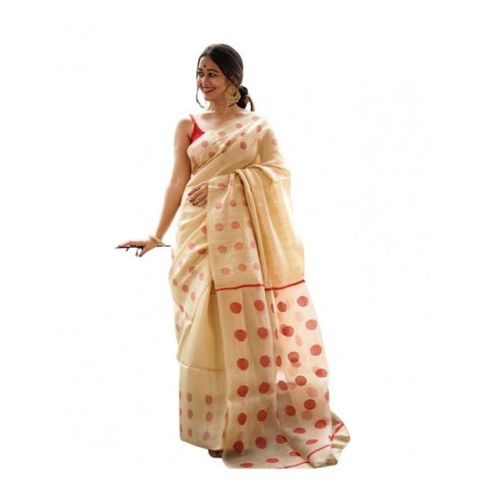 Women's Soft Lilan Printed Saree With Unstitched Blouse 5.5Mtr (Cream)