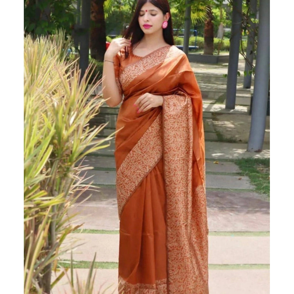 Women's Soft Lichi Silk Printed Saree With Unstitched Blouse 5.5Mtr (Brown)