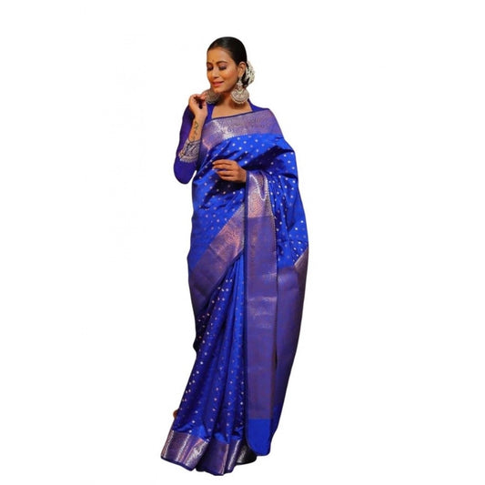 Women's Soft Lichi Silk Printed Saree With Unstitched Blouse 5.5Mtr (Blue)