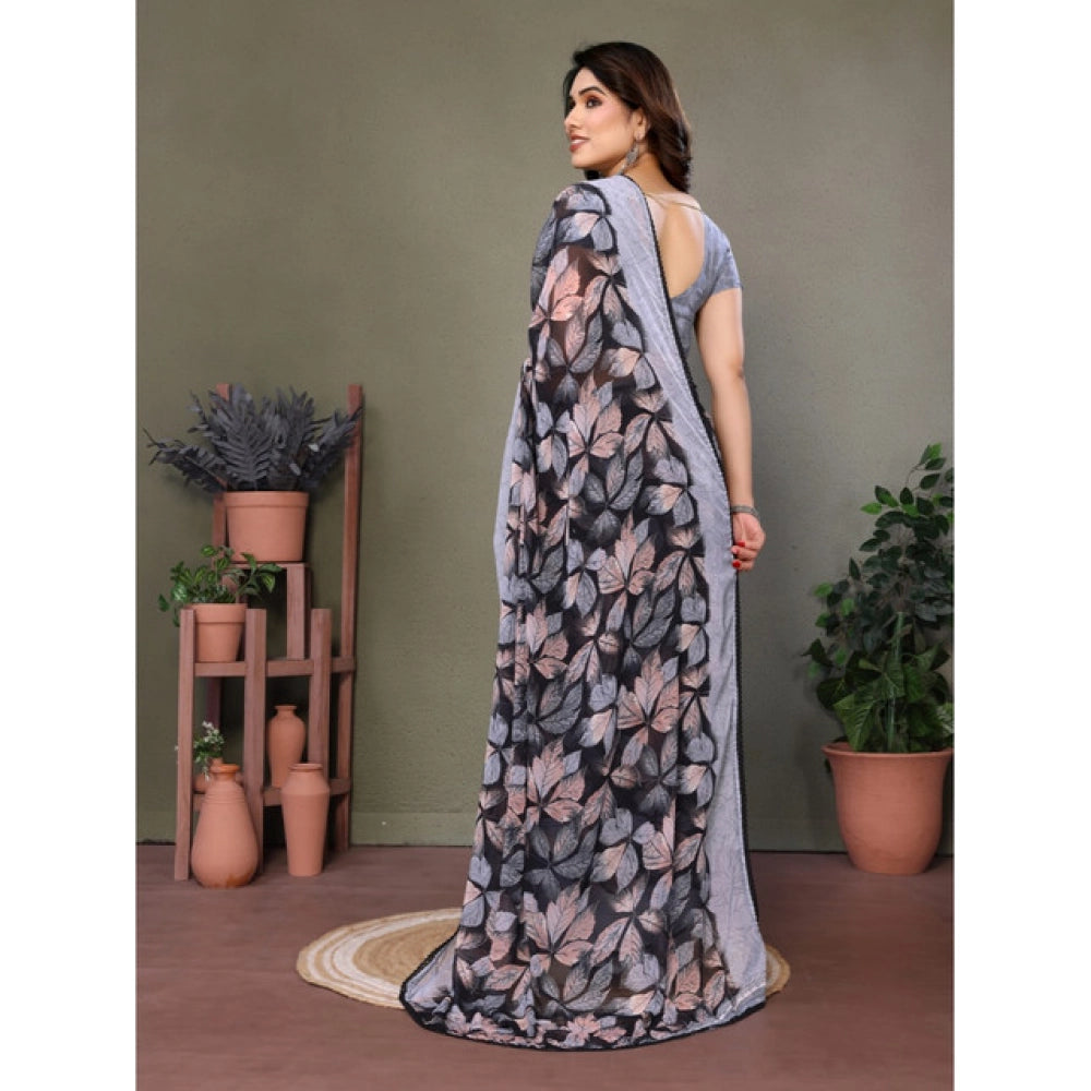 Women's Chiffon Printed Saree With Unstitched Blouse 5.5Mtr (Grey)