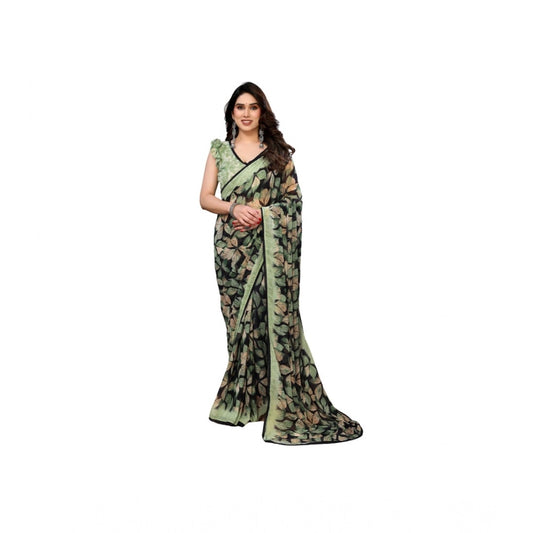 Women's Chiffon Printed Saree With Unstitched Blouse 5.5Mtr (Green)